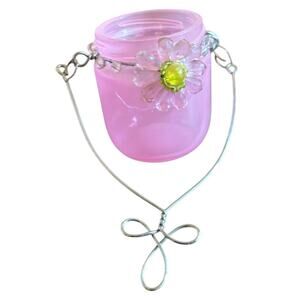 Pink Frosted Glass Hanging Votive Holder Beaded Flower Charm Trinket Jar 3"